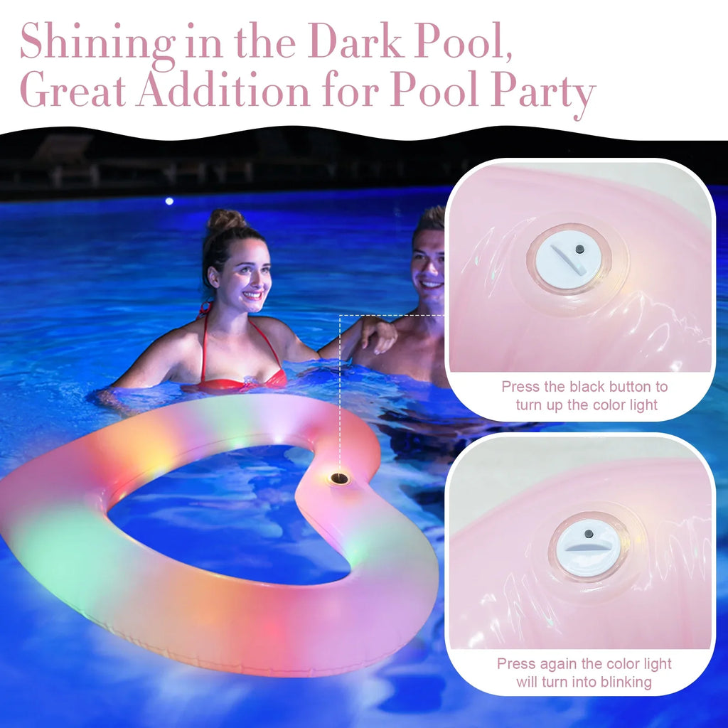 RoamReady 2 Pcs Inflatable Pool Floats, 47'' Heart Sizehaped Sizewim Rings with Colorful LED Lights for Kids Adults, Sizewimming Tube Toys for Sizeummer Water Parties and Beach Fun