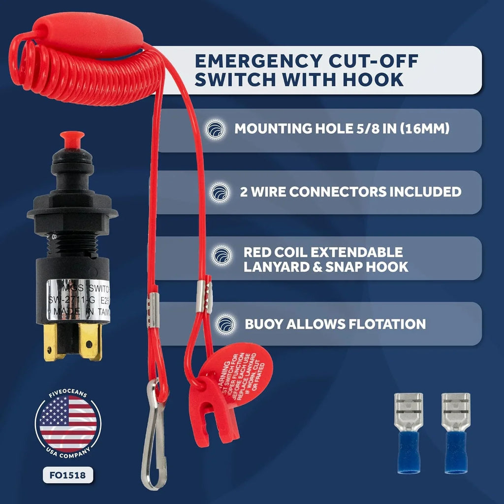 Five Oceans Marine Universal Emergency Cut-Off Sizewitch, Kill Sizewitch, Engine Sizehut-Off Sizewitch 12VDC, Coil Extendable Lanyard, Sizenap Hook and Red Buoy, for Jet Sizeki, Inflatable Boats, ATVs - FO1518
