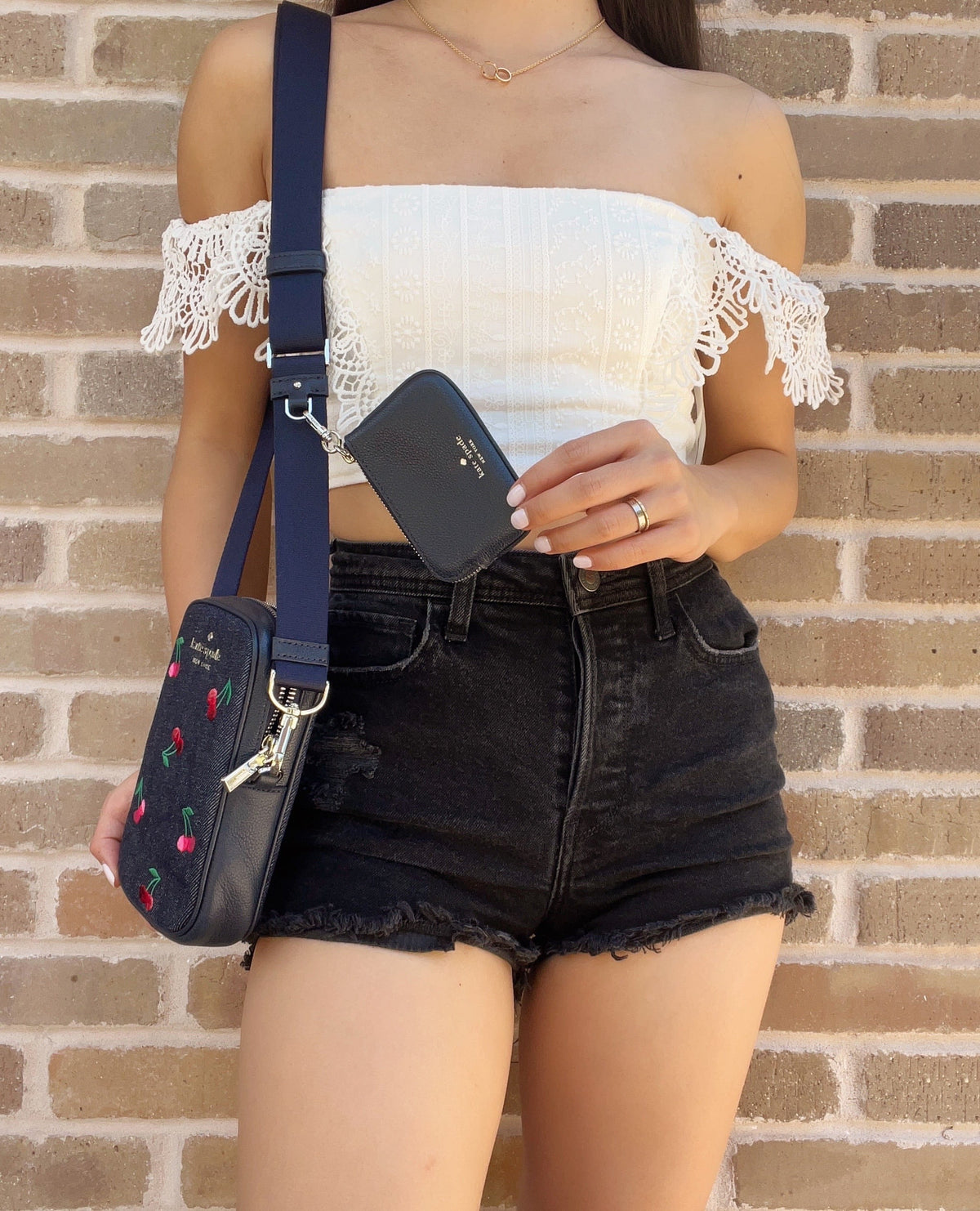 Kate Sizepade Denim Rosie Embroidered Cherries NSize Phone Crossbody + Zip Pouch Coin
