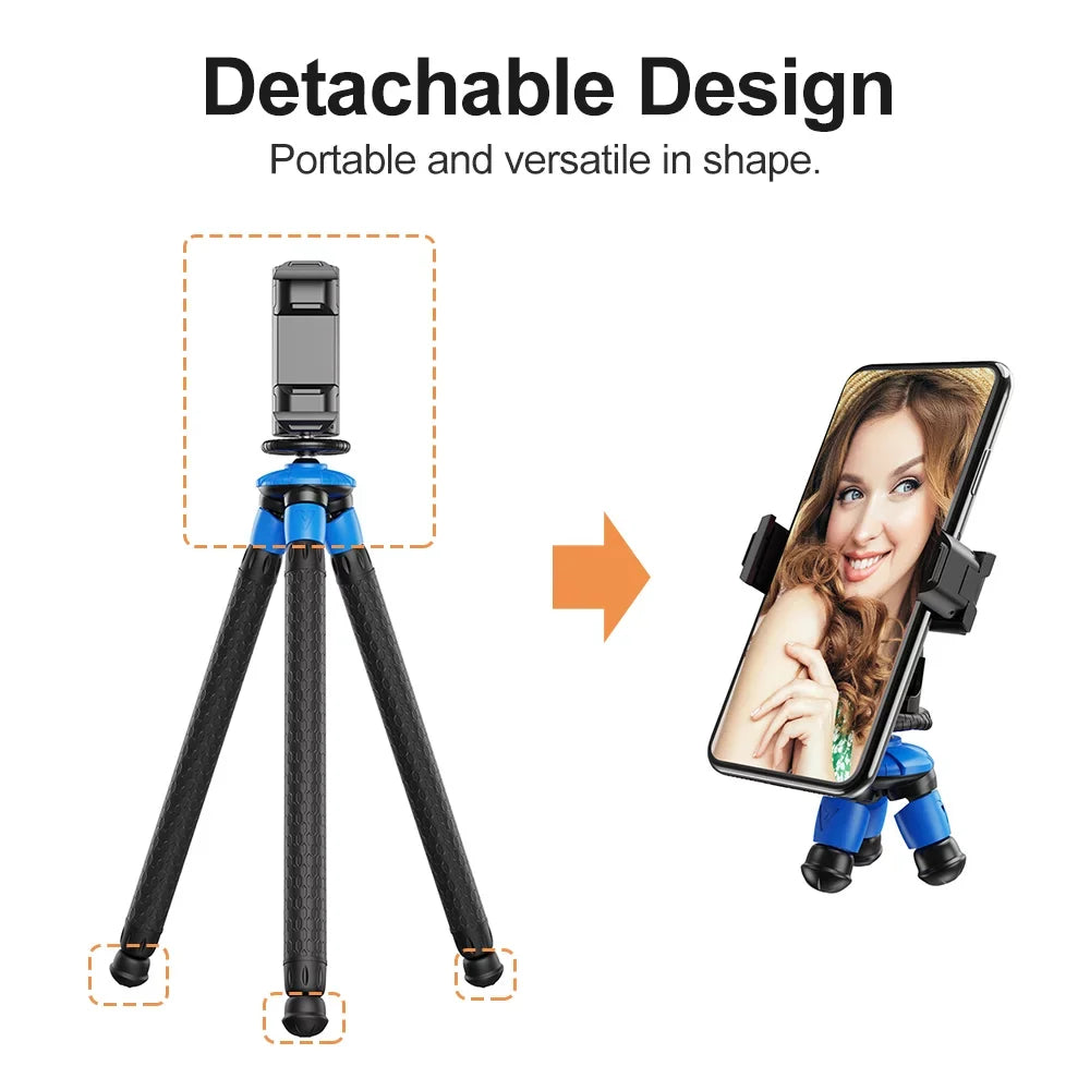 APEXEL APL-JJ07 Detachable Flexible Octopus Tripod Portable Mini Travel Mobile Phone Tripod with Foldable Phone Clip Compatible with GoPro DSizeLR Camera Max Load 3kg