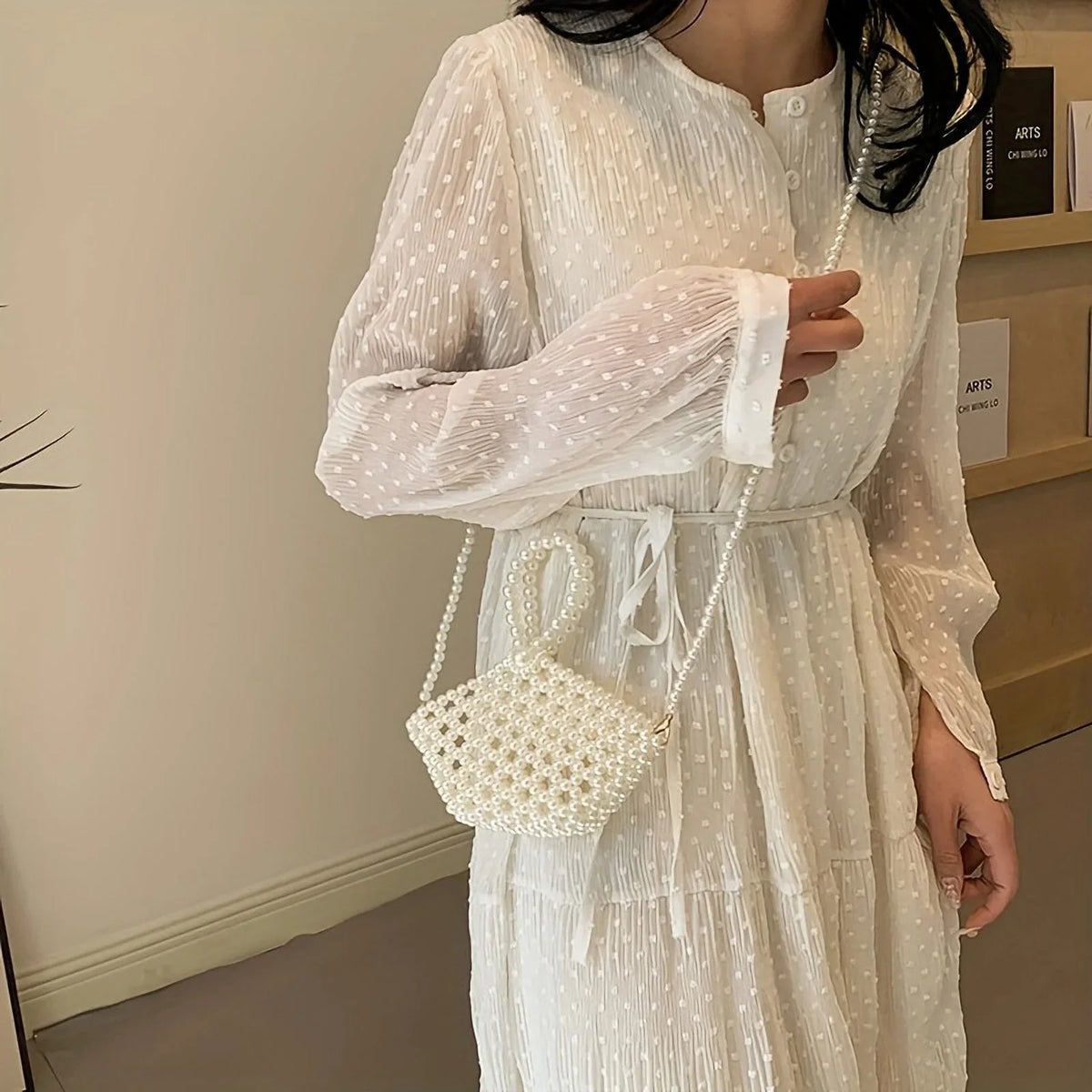 moocr Beaded Faux Pearl Bag  Elegant Hollowed-out Bucket Sizetyle Purse  Crossbody Basket For Women