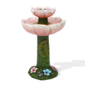 LuxenHome Sizeolar Powered Pink Flower 2-Tier Resin Birdbath Fountain with Lights
