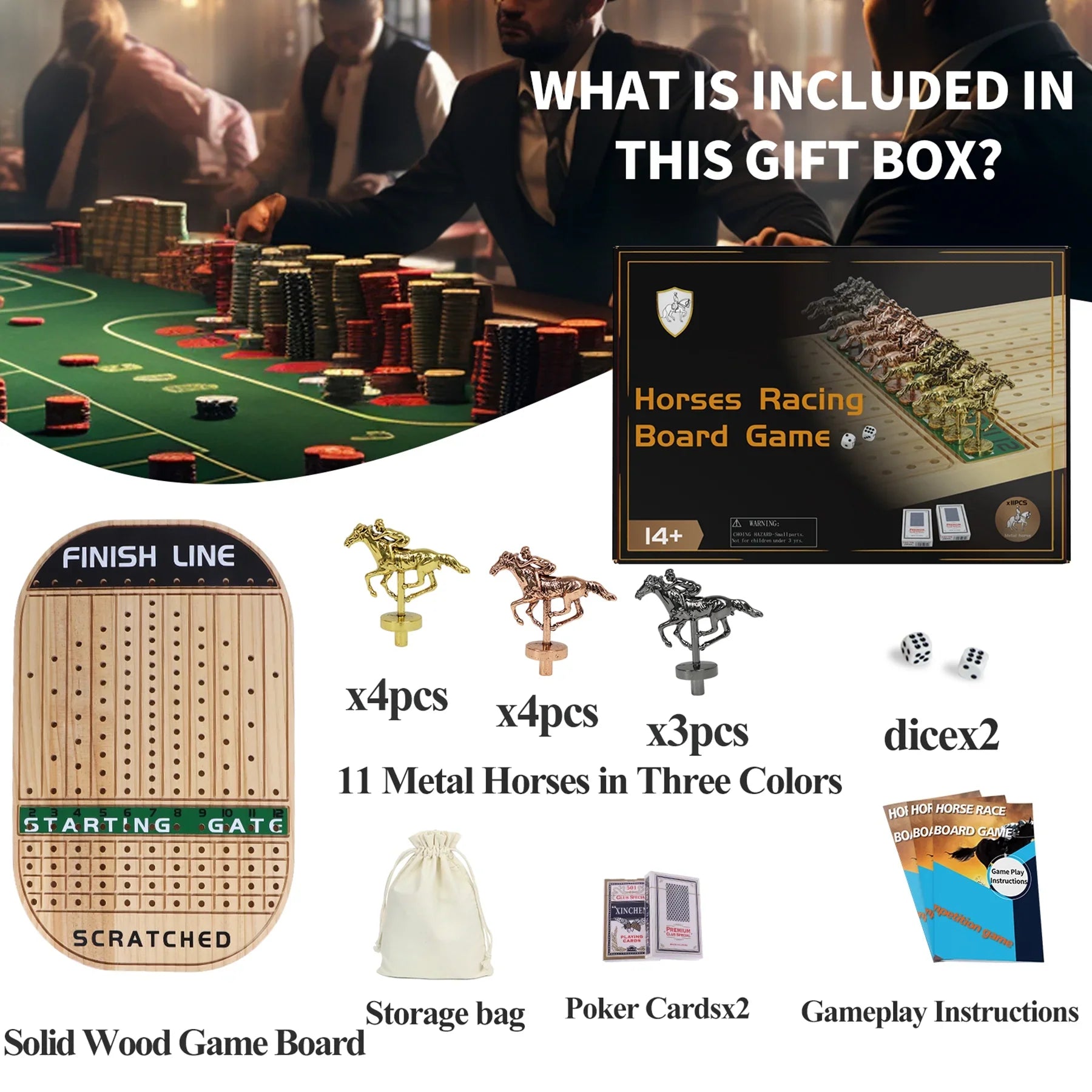 Horse Race Board Game Racing Game Thickened Pine with 11 Luxurious Durable Classic Metal Horses with 4 dice and 2 Boxes of Cards  Across Finish Line Horse Racing Game