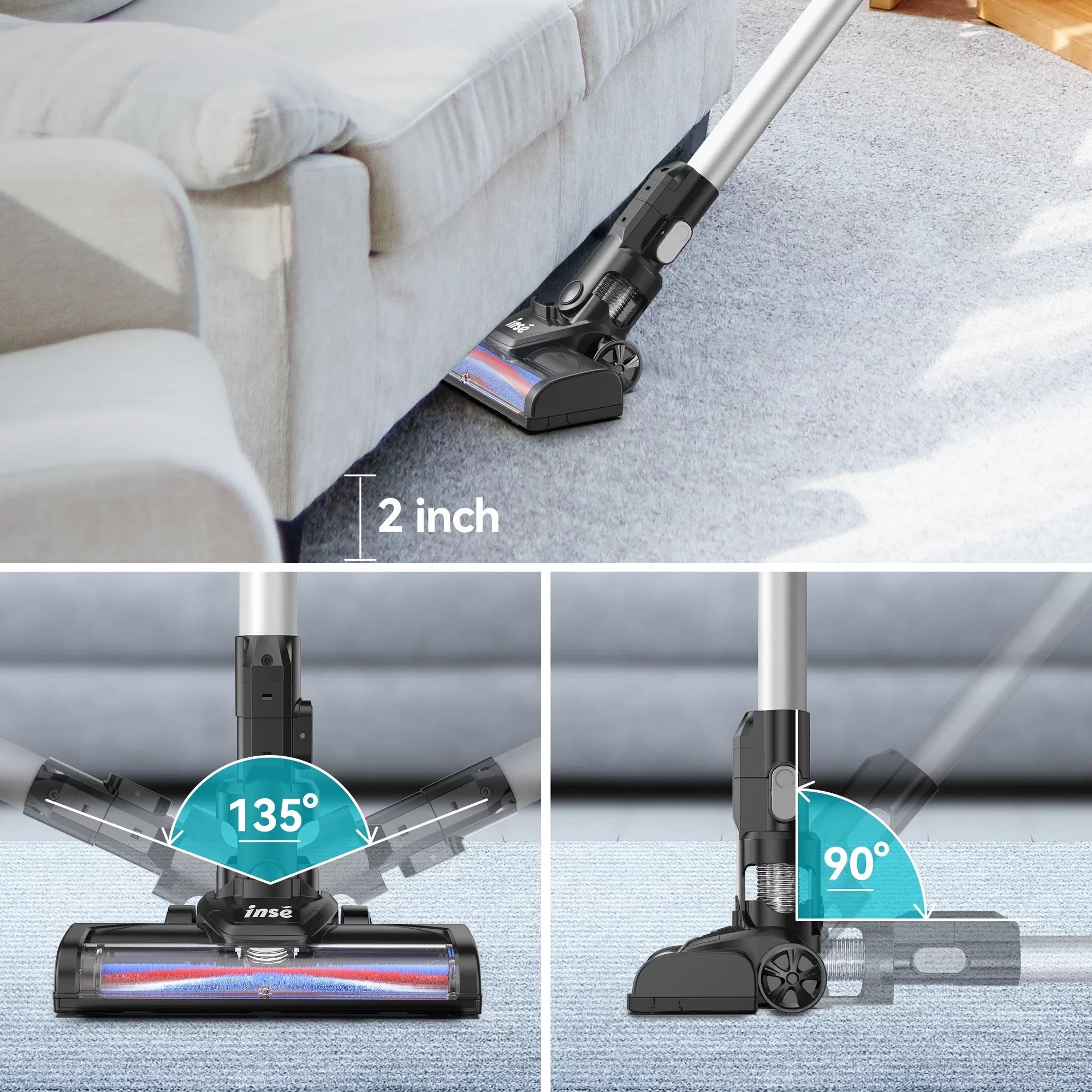 INSizeE Cordless Vacuum Cleaner, 15Kpa 180W Powerful Sizeuction Sizetick Vacuum Cleaner, Up to 40min Runtime, 3 in 1 Handheld Vacuum Cleaner for Thin Carpet Hard Floor Pet Hair