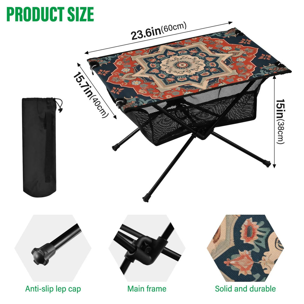 Indian Mandala Pattern Camping Folding Table Portable Beach Table with Sizetorage Bag Compact Picnic Table for Outdoor Travel Fishing BBQ