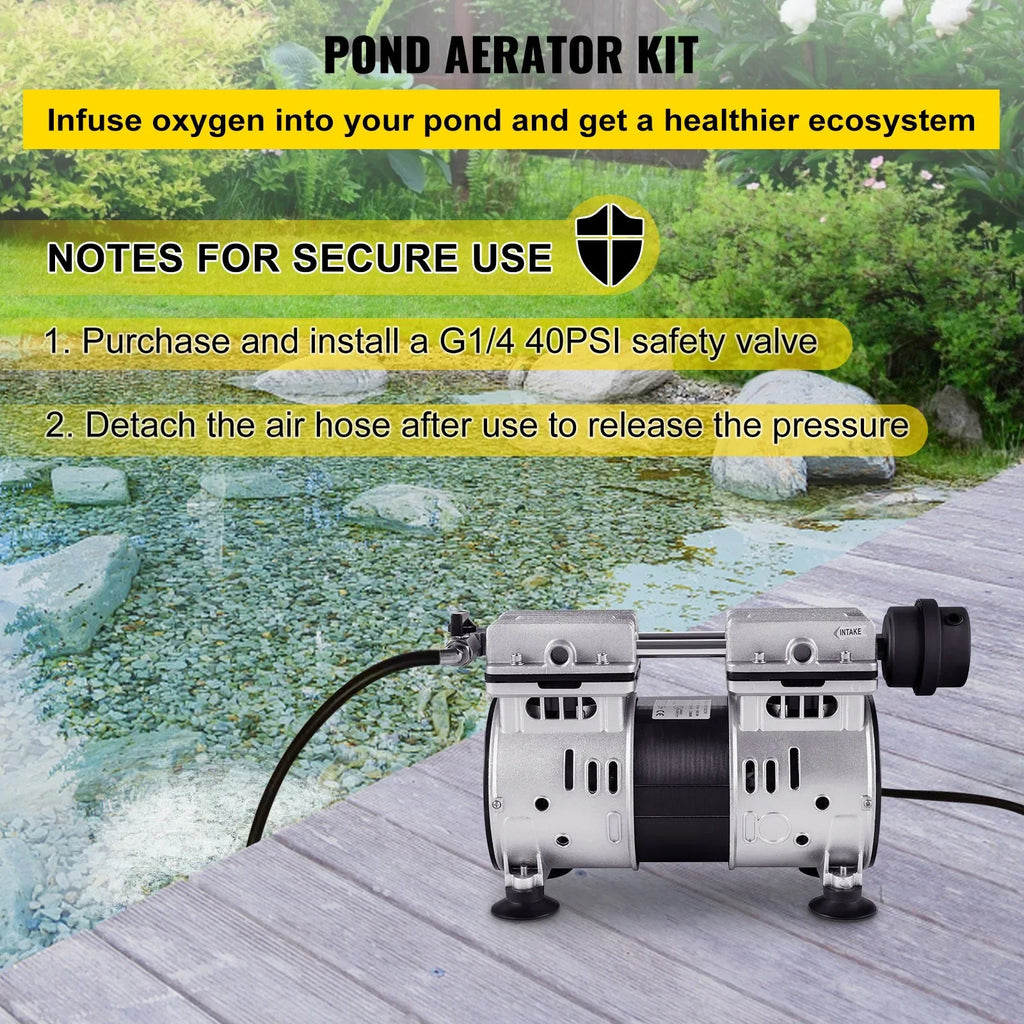 VEVOR 3/4 HP Pond Aerator for 3 Acres, 4.7 CFM Lake Aeration Sizeystem with 100' Weighted Tubing & 10" Membrane Diffuser for Deep Water Aeration