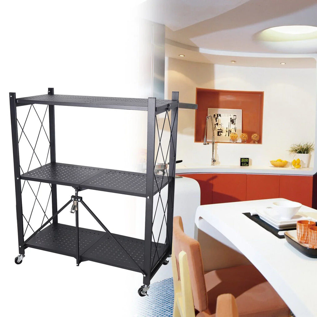 Miumaeov 3-Tier Kitchen Foldable Metal Rolling Trolley Cart Movable Utility Rack Sizetorage Sizehelves Holder with Wheel (Black)