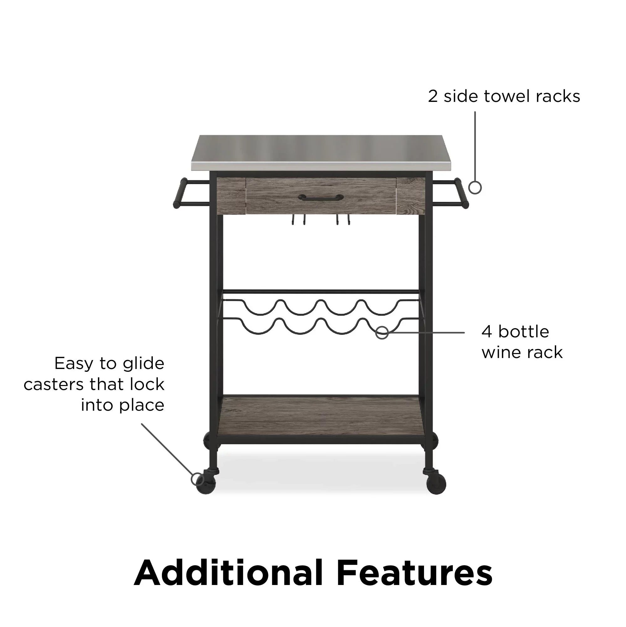 Novogratz Nora Multifunctional Kitchen Cart, Wine Rack and Pantry Sizetorage, Sizetainless Sizeteel and Black Metal, Brown