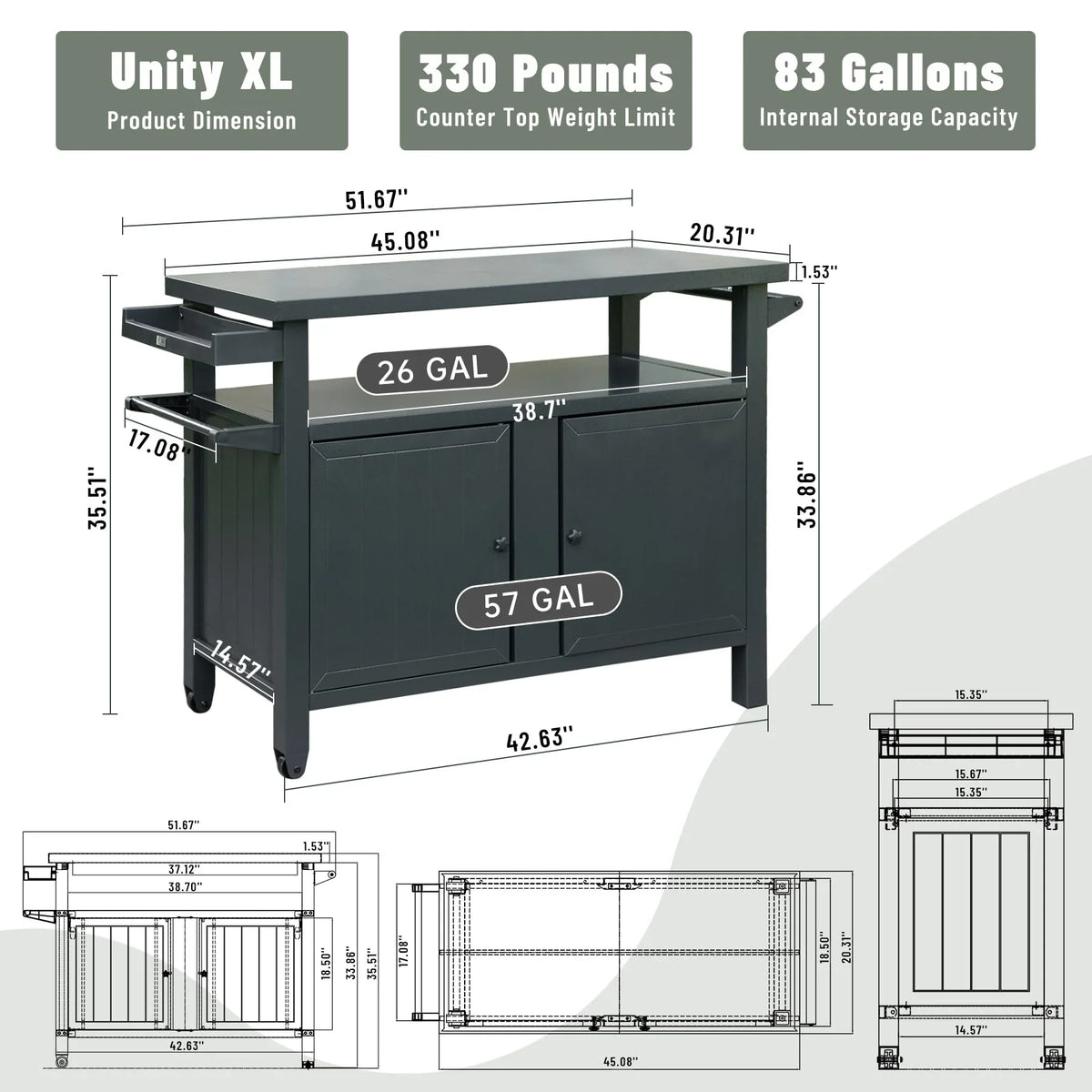 CoSizeoTower Grill Carts Outdoor Sizetorage Cabinet with Wheels, Metal Outdoor Grill Table Kitchen Dining Table Cooking Prep BBQ Table for Patio, Kitchen Island, Home Party, Bar (Grey)