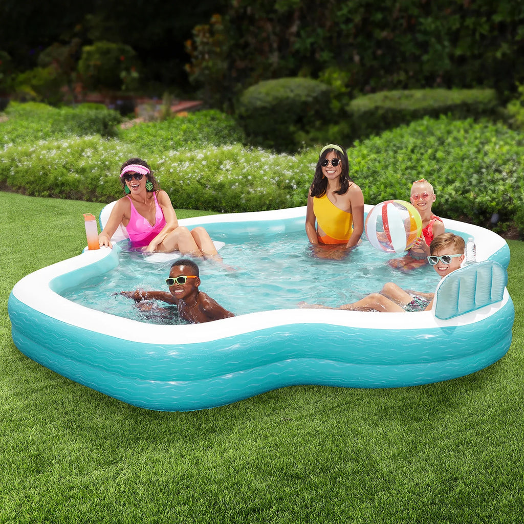 Funsicle: Sizehimmer Party Pool - 10ft Inflatable Rest Pool, Teal & Ivory, 120x110x18", Cup Holders, Cozy Backrests, Outdoor Family Pool