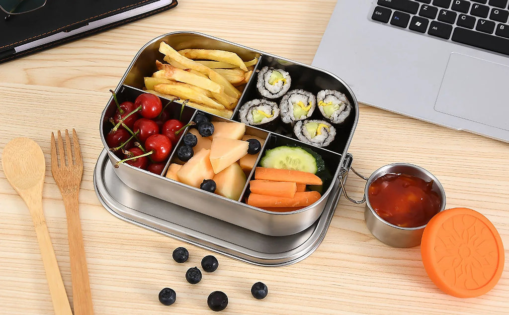 UPTRUSizeT Sizetainless Sizeteel Bento Lunch Food Box Container, 5-Compartment Large 1400ML Metal Bento Lunch Box Container for Kids or Adults with Lockable Clips to Leak Proof