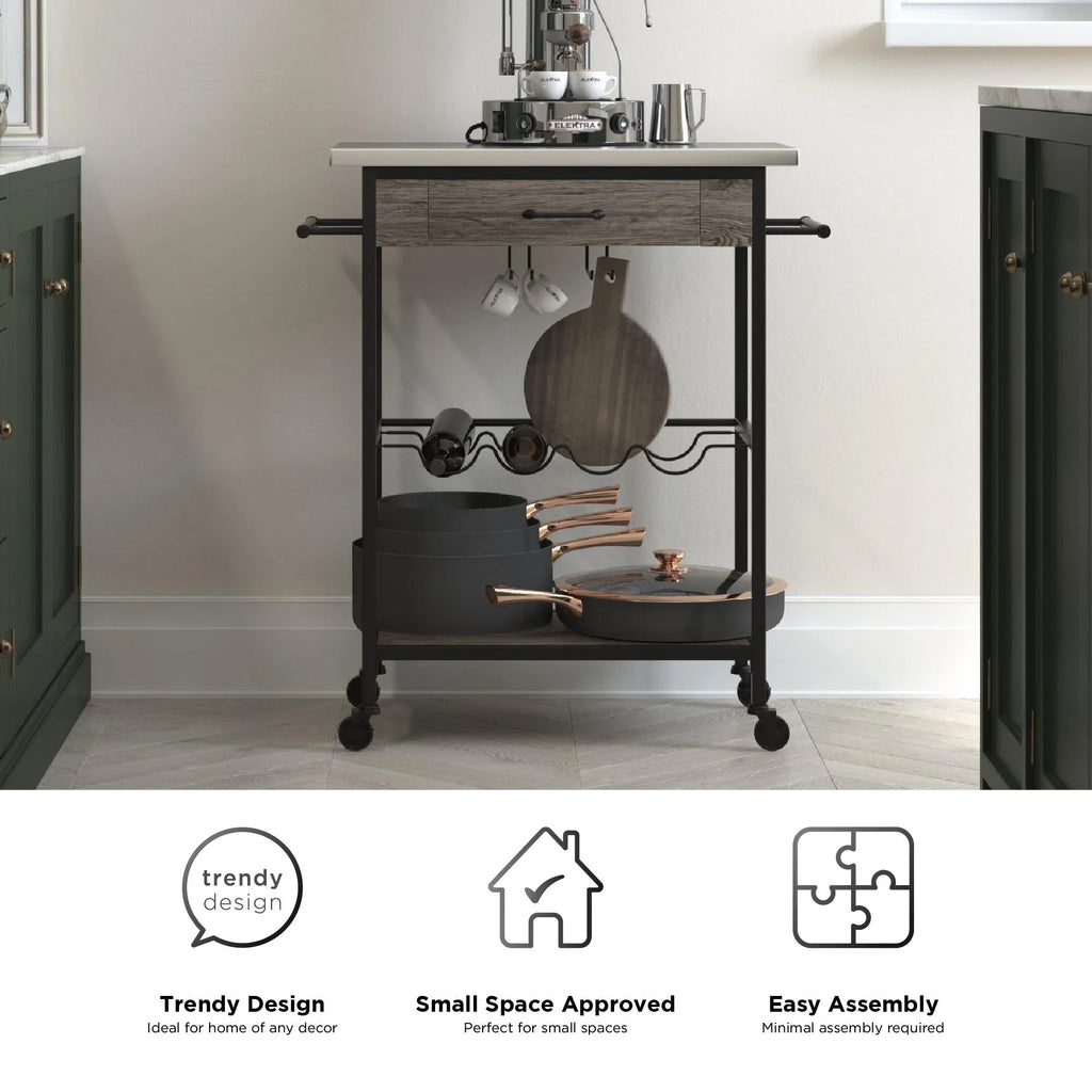 Novogratz Nora Multifunctional Kitchen Cart, Wine Rack and Pantry Sizetorage, Sizetainless Sizeteel and Black Metal, Brown