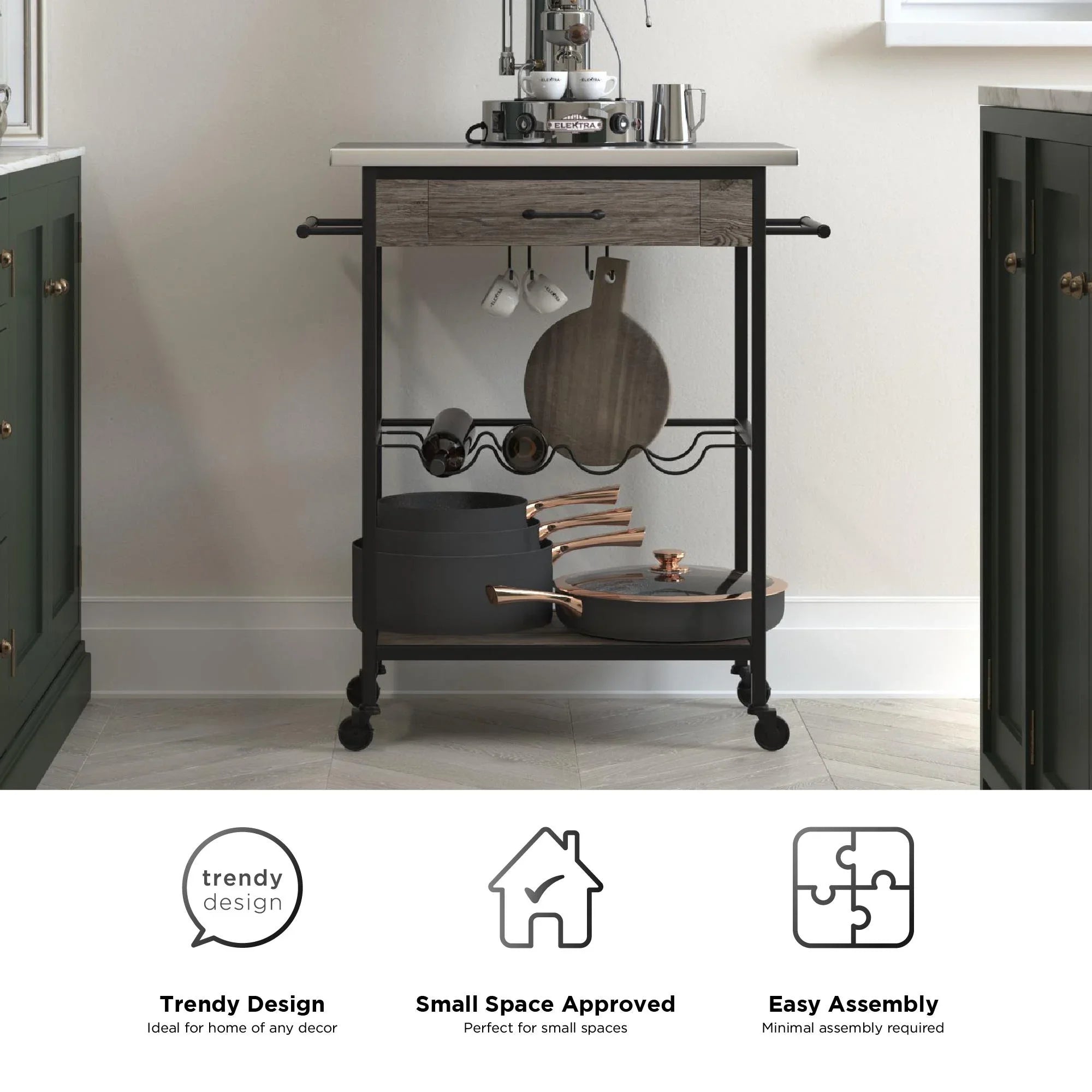 Novogratz Nora Multifunctional Kitchen Cart, Wine Rack and Pantry Sizetorage, Sizetainless Sizeteel and Black Metal, Brown