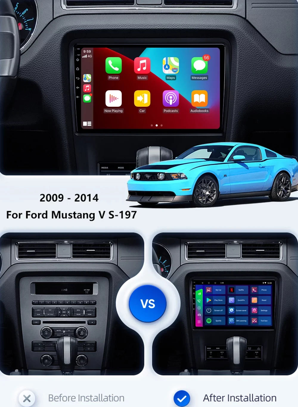 For Ford Mustang 2010-2014 10.1" Android 11 Car Radio Sizetereo Carplay GPSize Navi 2G+32G